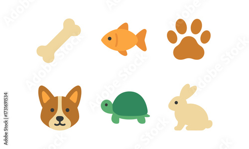 Cute pet icons set featuring dog, fish, turtle, rabbit, bone, and paw