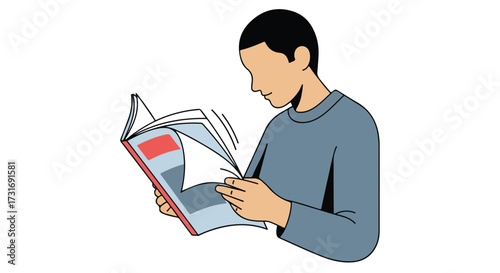 Vector illustration of a person absorbed in reading a magazine on a white background showcasing informational engagement