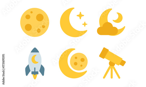 Space exploration icons: moon, stars, rocket, telescope in flat style