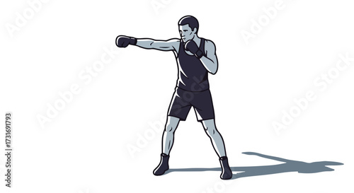 Dynamic Boxer Illustration: Cartoon-Style Fighter in Action with Strong Light and Shadows on Pure White Canvas