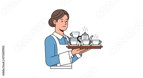 Elegant waitress serving a traditional tea set on a wooden tray against a minimalistic background providing refined service for an afternoon gathering
