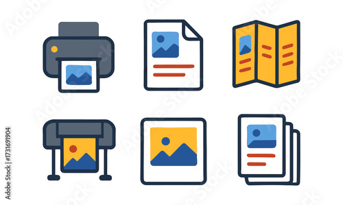 Flat design icons of printing equipment and documents for digital and print media