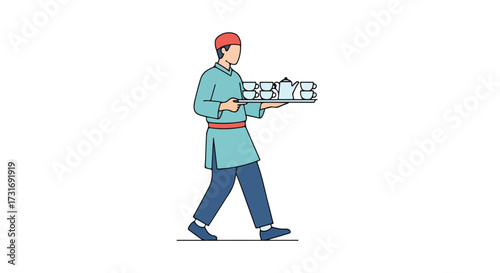 Cartoon depiction of a server in traditional clothing carrying tea set on a tray with clean background image style