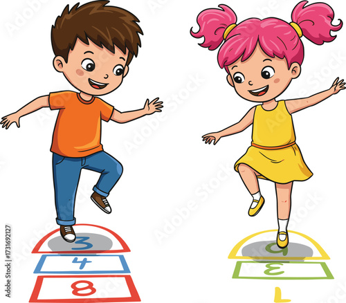 Cartoon children playing hopscotch outdoors, colorful numbered squares, fun physical activity, educational playground game, summer recreation, childhood movement illustration