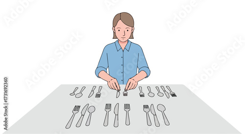 Illustration of a woman carefully arranging cutlery on a table with precision and attention to detail creating a visually organized arrangement of
