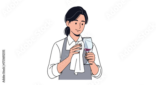 Elegant sommelier delicately polishes a wine glass, ensuring impeccable presentation for a premium wine tasting experience