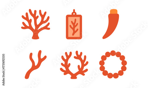 Collection of coral and horn amulets in flat icon style