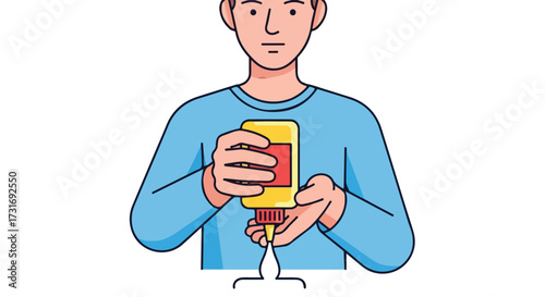 Person dispensing condiment from a squeeze bottle, highlighting food preparation or dining scenarios and illustrating simple