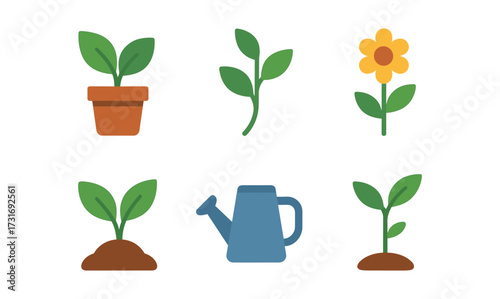Colorful gardening icons featuring plants, flowers, and tools in a flat design style