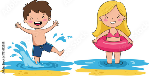 Cartoon kids playing at beach in summer, happy boy and girl in water with swim ring, fun vacation vector illustration