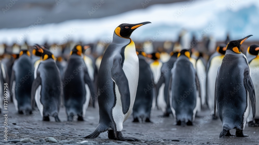 Fototapeta premium A regal king penguin stands out in a crowd of its peers, its yellow neck feathers gleaming against the backdrop of a cold, icy landscape