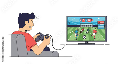 Animated depiction of a young man intensely playing a soccer video game on television display indoors at home location