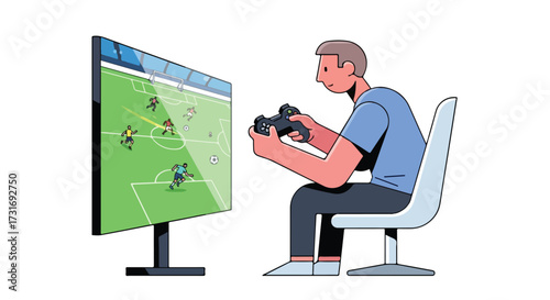 Man engrossed in digital soccer game displaying on a large screen engaging interactive electronic sports entertainment for leisure