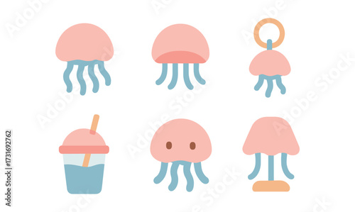 Cute jellyfish icons and objects in pastel flat design