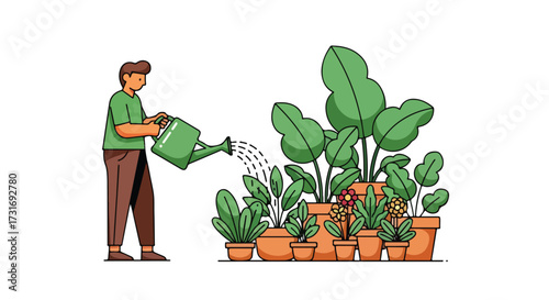 A gardener giving water to his plants in pots, cultivating a calming and refreshing horticultural scene with stylized beauty