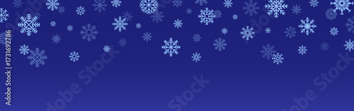 Snow flakes banner with snowflakes falling down. Winter holiday background design, Christmas header. Frozen ice crystals, festive seasonal snowy pattern, border ornament. Flat vector illustration