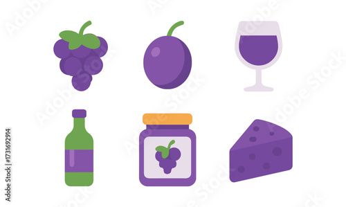 Purple food icons featuring grapes, wine, and cheese in flat design