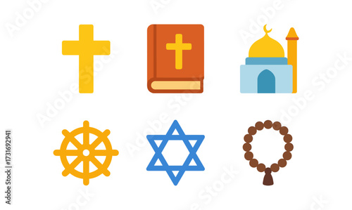 Diverse religious symbols collection featuring cross, mosque, and torah in flat design