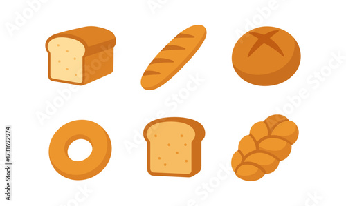 Variety of bread types in flat design style on white background