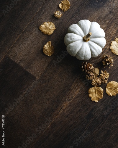 Minimal autumn flat lay with small white pumpkin, golden leaves, and tiny pinecones arranged in lower right corner on dark wooden background, seasonal rustic composition