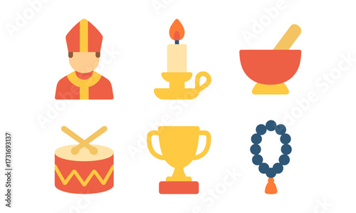 Flat colorful religious ceremony icons: clergy, candle, mortar, drum, trophy, prayer beads set