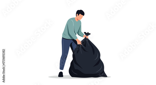 A person disposing of waste with a large black plastic trash bag for recycling, showcasing environmental responsibility in flat design style