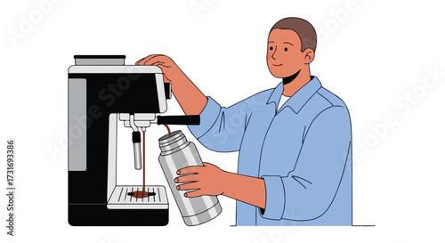 Person brewing hot coffee into a thermos for a beverage on the go using an automated espresso machine in a modern kitchen appliance setting