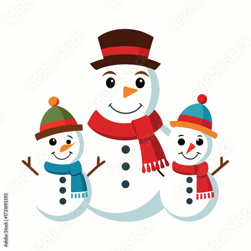 Cute snowman with red hat and red scarf in winter snow illustration