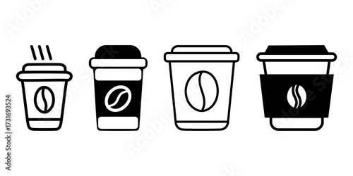  Black and white illustration of a coffee cup icon set, showcasing different coffee cup designs
