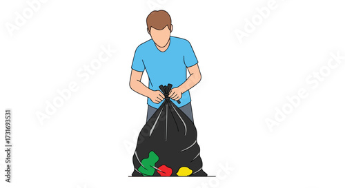Cartoon illustration depicting a person tidying up rubbish and waste with a garbage bag for environmental well being and civic duty