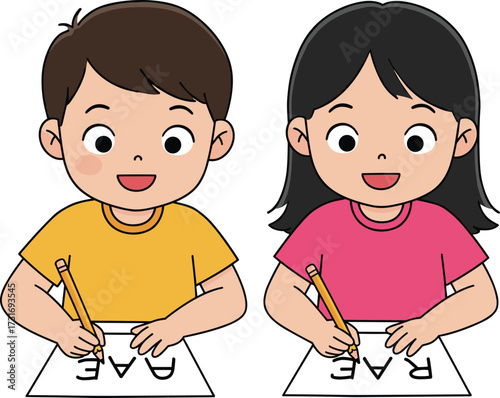 Happy children learning to write letters together in classroom setting, educational activity with pencils, handwriting practice, early childhood development scene