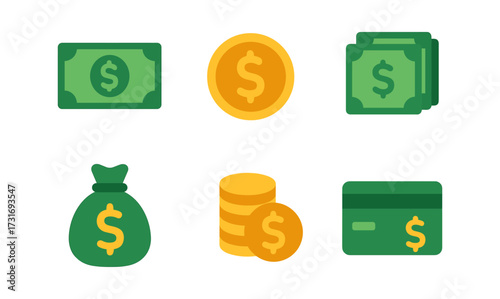 Colorful money and finance icons collection: cash, coins, and cards in flat style