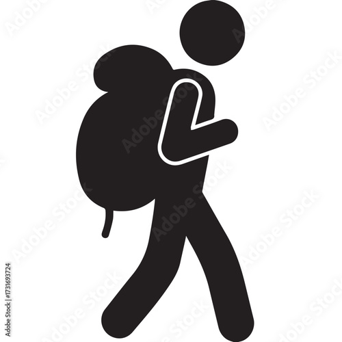 A simple, black and white pictogram. It shows a stick figure-like person in profile, wearing a large backpack and appearing to be walking. The style is minimalist and graphic.