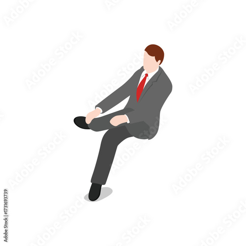 A man in a grey suit and red tie sitting with his legs crossed, isolated on transparent background