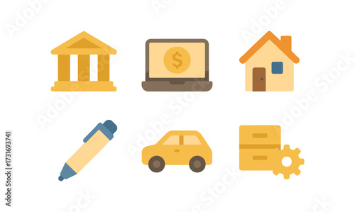 Essential business icon set featuring technology, real estate, and finance in flat design