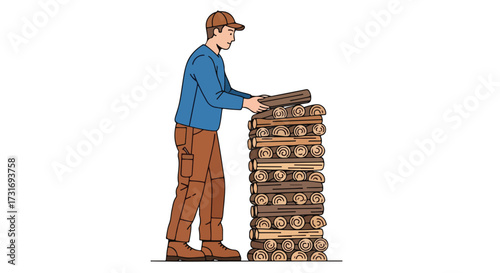 Man Stacking Firewood Logs for Winter Warmth Preparation in Cartoon Style Illustration  Showcasing Manual Labor  Traditional Heating Method