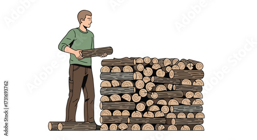 Man stacking firewood against a white background in a cartoon illustration style with attention to detail showcasing meticulousness
