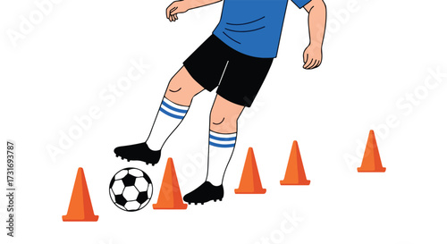 Illustration depicting soccer player practicing dribbling with training cones for enhanced skill, coordination and footwork on a white canvas