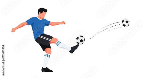 Dynamic vector illustration of a soccer player in action, showcasing a powerful kick that propels the ball forward, capturing the essence of