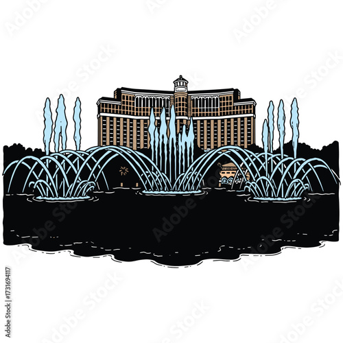 Vector Illustration of Iconic Hotel and Fountain Scene in Modern Style with Blue Water Jets and Architectural Details