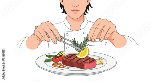 A culinary artist carefully garnishing a steak dish with fresh rosemary and a lemon wedge enhancing its appeal and flavors with artistic precision