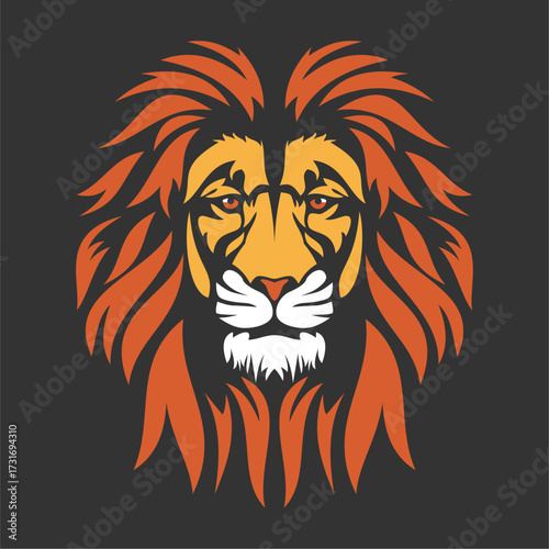 A bold vector illustration of a lion’s head with a fiery red mane, sharp facial details, and a powerful gaze on a dark background.