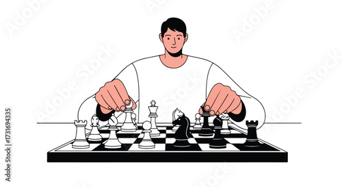Strategic game illustration with a man meticulously planning his chess moves on a checkered board showcasing strategy and intellectual challenge