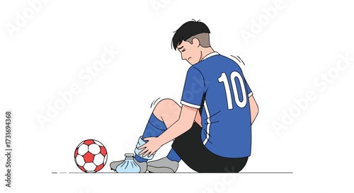 Soccer Player with Ankle Injury Applying Ice Pack While Suffering on the Field After the Game Near his Ball