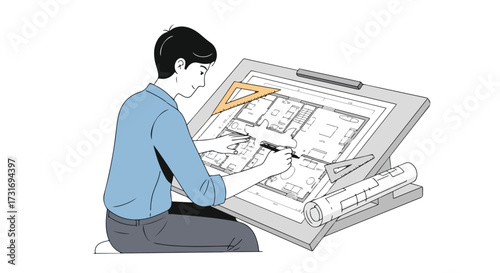Concentrated draftsman meticulously sketching architectural blueprints with precision and expertise on a drafting table illustration