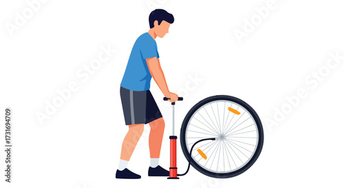 Conceptual illustration of a man inflating a bicycle tire with a pump maintenance and repair theme for cycling enthusiasts and urban transportation