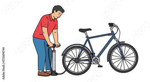 Maintaining mobility: Illustration of a man using a manual pump to inflate the tire of his bicycle for an upcoming ride