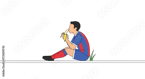 Illustration of a soccer player taking a break and refueling with a banana on the field's edge during halftime match nutritional benefits illustration