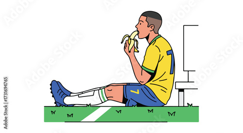 Soccer player with vibrant jersey, taking a break, enjoying a banana on the field watching TV casually after an energetic match game