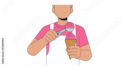 Illustration showing a vendor scooping a delightful pink ice cream cone perfect summer treat and dessert concept with a simple minimal design style